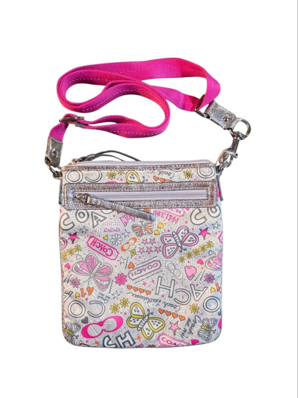 Coach White Crossbody Bag with Pink Strap and Butterfly Print